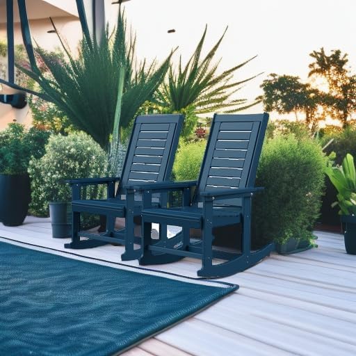 GREENVINES Outdoor Rocking Chairs | Set of 2 | Porch Rocker | HDPE Plastic | Blue | Oversized Rockers | High Back | Big &amp Tall | Ladder Back | for Patio Outside Backyard Balcony Garden