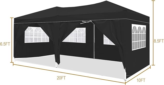 KEIKI 10'x20' Folding Canopy with 6 Removable Sidewalls Outdoor Event Shelter Gazebo Portable Tents for Parties Carport Camping Garden Patio Black