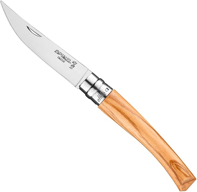 Opinel Effile Slimline Series Folding Fillet Knife – Slim Blade Folding Knife Virobloc Locking Collar Sustainably Harvested Wood Handles Updated Blade Profile (Olivewood/No.08)
