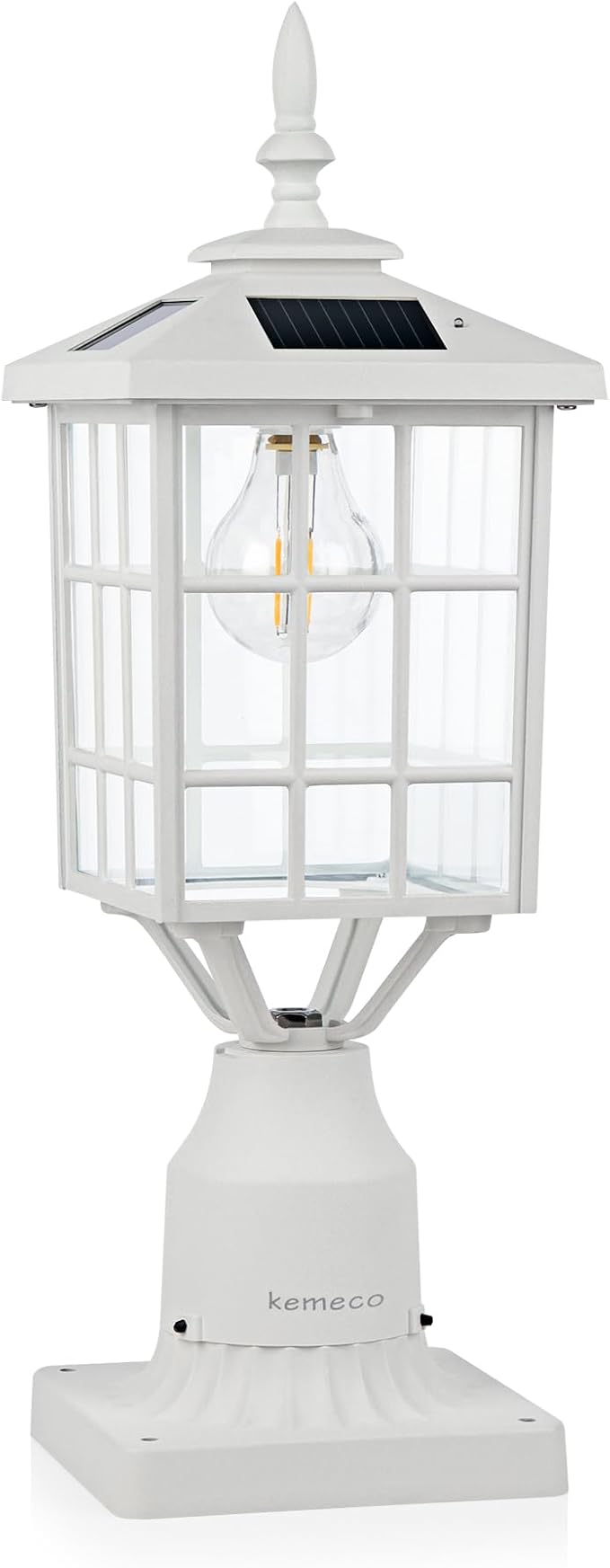 Kemeco ST4224Q-W Solar Post Light Outdoor Led Squared Frame Fixture with 3 Pier Mount Base for Garden Street Pole Landscape Yard Driveway Entryways (White)