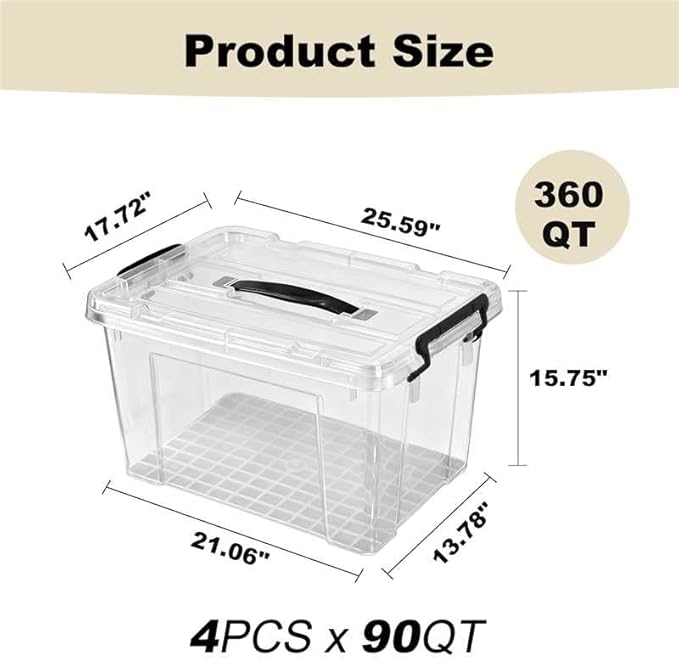 4 Pack 90 Qt Clear Large Storage Bins with Lids Stackable Plastic Organizer for Home Office Garage BPA-Free Heavy-Duty See-Through Containers with Secure Latches &amp Handles