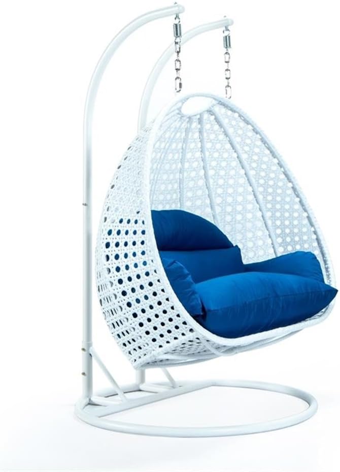 LeisureMod 2 Person Hanging Egg Chair Indoor Outdoor Patio Lounge Swing with White Stand &amp UV-Resistant Cushions Hammock Chair for Bedroom &amp Garden Blue