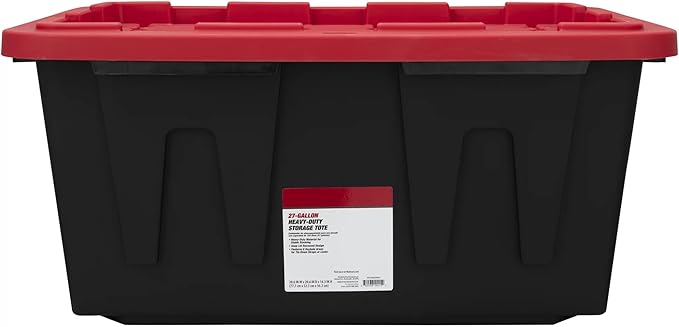 K&ampJ CHIPMUNK 27 Gallon Stackable Snap Lid Plastic Storage Bin Container Black with Red Lid Set of 4