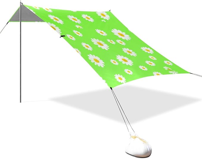 Beach Canopy with Windproof Ropes &amp Sandbags Beach Tent Sun Shade Sun Shelter for Camping Trips Fishing Backyard Fun or Picnics Daisy