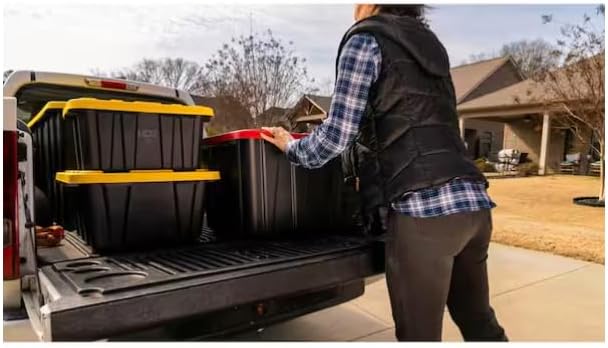 Strong Box Plastic Storage Tote with Black and Yellow or Red Lid 27 Gallon