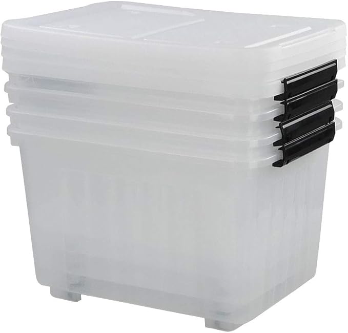 30 L Ultra Latching Box Storage Bins with Lids Clear Plastic Organizing Containers for Closet Bathroom and Office