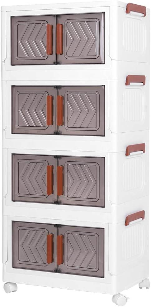 ETOYA 4-Tier Stackable Storage Bins with Lids &amp Wheels - 14.96x10.24x35.43 Collapsible Organizer Foldable Container Plastic Storage Containers for Living Room Office Dorm Organization