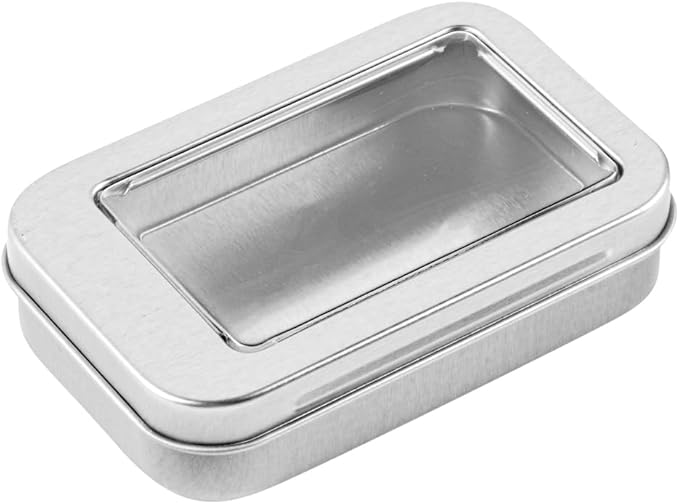 Restaurantware-RW Base 4.5 Ounce Rectangular Tin Containers 100 Durable Tin Boxes With Lids - Clear Window Lids Rounded Edges Silver Storage Containers Customizable Fits Mints Or Pills