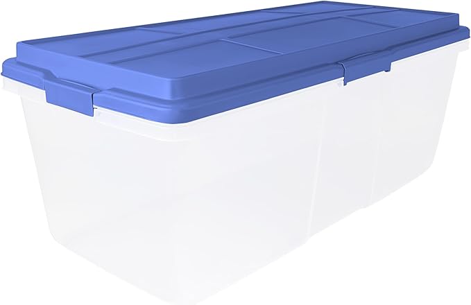 2 Pack 113 Quart Clear Plastic Storage Bins Stackable with Locking Latches &amp Smoke Blue Lid Dust-Resistant Organizer for Garage Home Office Attic Store Seasonal Decor Tools Crafts Blanket