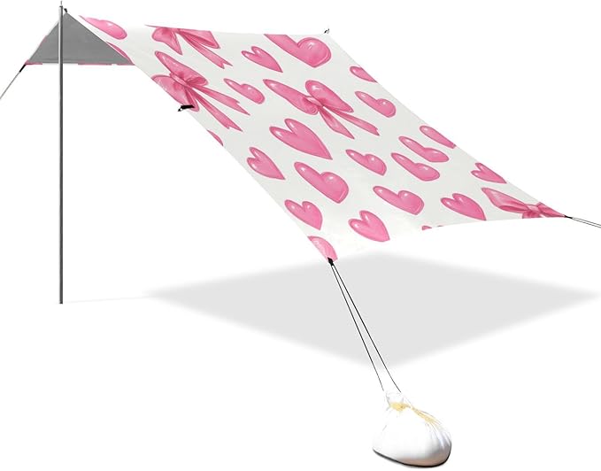 xigua Bows and Hearts Beach Tent Sun Shelter with Carrying Bag - Silver Coated Oxford Fabric Beach Canopy for Beach Camping Fishing - Includes Windproof Ropes Sandbags &amp Stakes