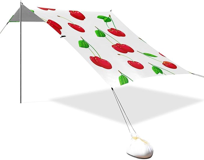 Beach Canopy with Windproof Ropes &amp Sandbags Beach Tent Sun Shade Sun Shelter for Camping Trips Fishing Backyard Fun or Picnics Red Cherries