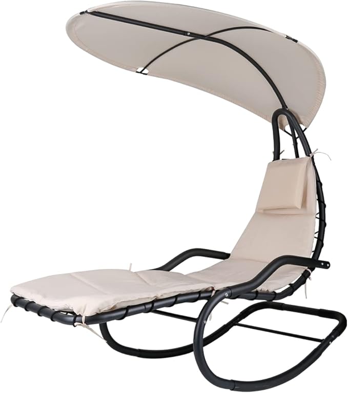 Outdoor Hammock Rocking Chaise Lounge Swing Chair with Stand and Canopy Porch Swing w/Soft Cushion Removable Headrest Outdoor Recliner Rocking Chair for Garden Backyard Poolside (Beige)
