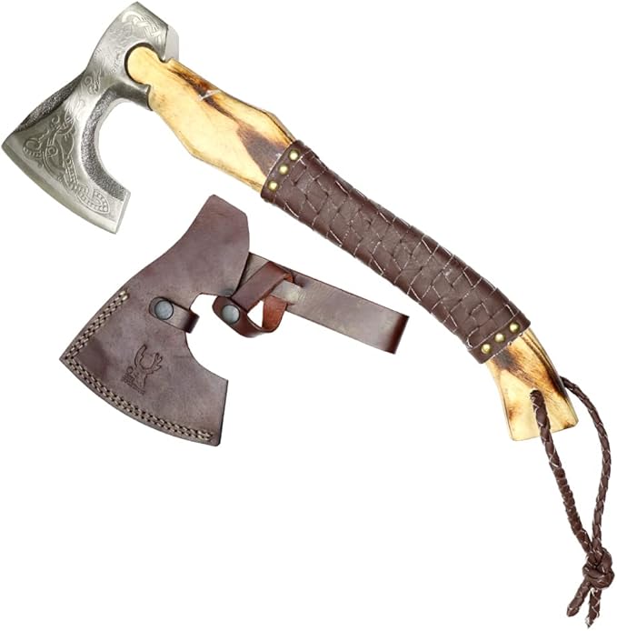 TheBoneEdge 18.5 Steel Etching Blade Hunting Axe Dark Brown Leather Wrapped Handle W/Sheath