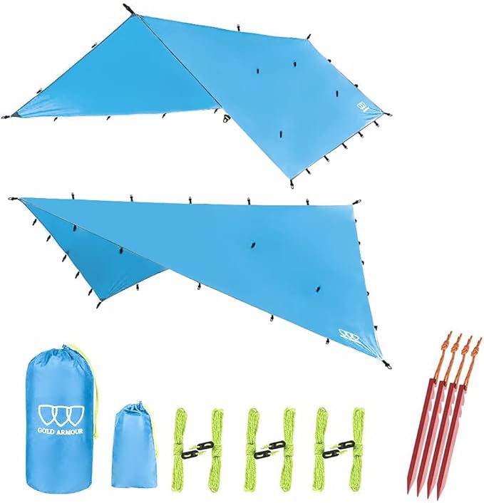 Gold Armour Rainfly Tarp Hammock Premium 14.7ft/12ft/10ft/8ft Rain Fly Cover Waterproof Ultralight Camping Shelter Canopy Survival Equipment Gear Tent Accessories (Light Blue 12ft x 10ft)