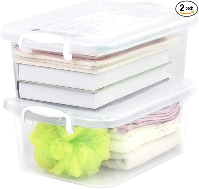 Sandmovie 8 Quart Clear Plastic Storage Boxes with Lids and Handles 2 Packs