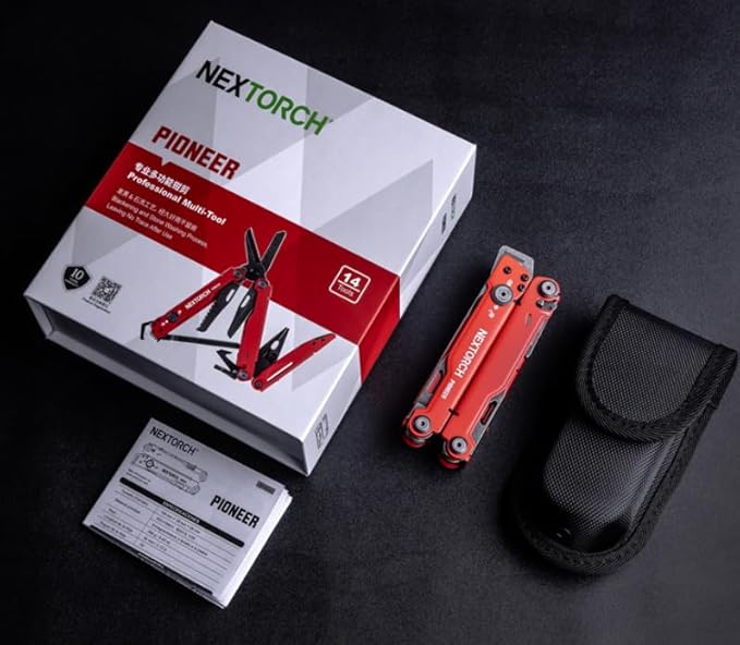 NEXTORCH PIONEER MT20 14-IN-1 Multi-tools Full-SizeVersatile Multi-tool Set with Scissors Needle Nose Pliers Pocket Clip Multi-tool (RED with Glass Breaker)