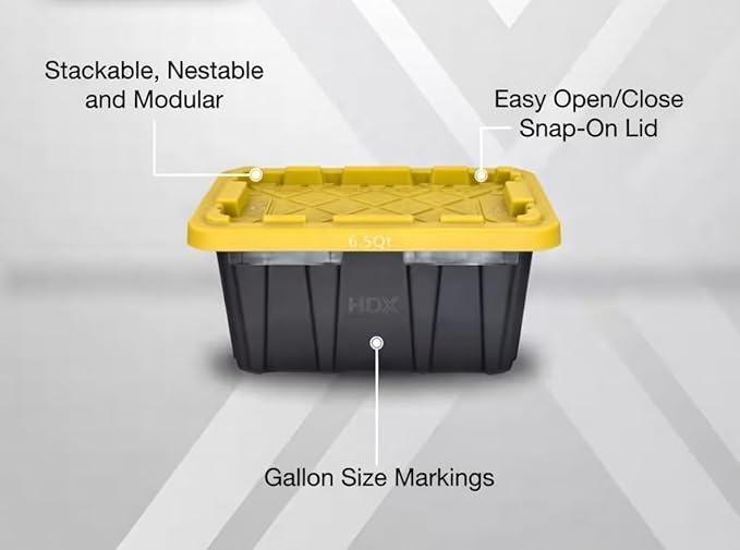 6.5 Quart (1.6 Gallon) Small Tough Storage Tote with Yellow Snap Lid Black Stackable &amp Nestable Heavy-Duty Plastic Organizing Bins 4-Pack