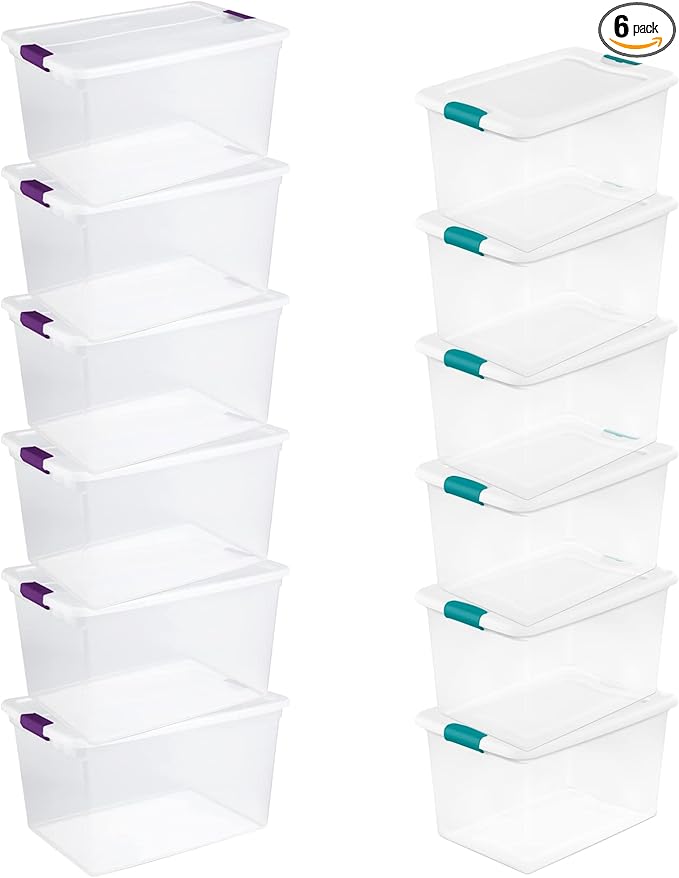 Sterilite Clear Plastic Storage Totes 6 Pack 64 Quart and 6 Pack 66 Quart Bins with Lids