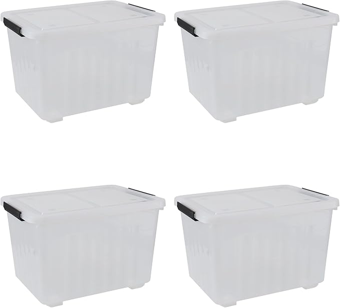 Xyskin 4-Pack 50 Quart Heavy Duty Plastic Storage Bins Stackable Containers with Clear Lids &amp BlackLatches for Bedding Clothing Holiday Decor Ideal for Garage &amp Closet