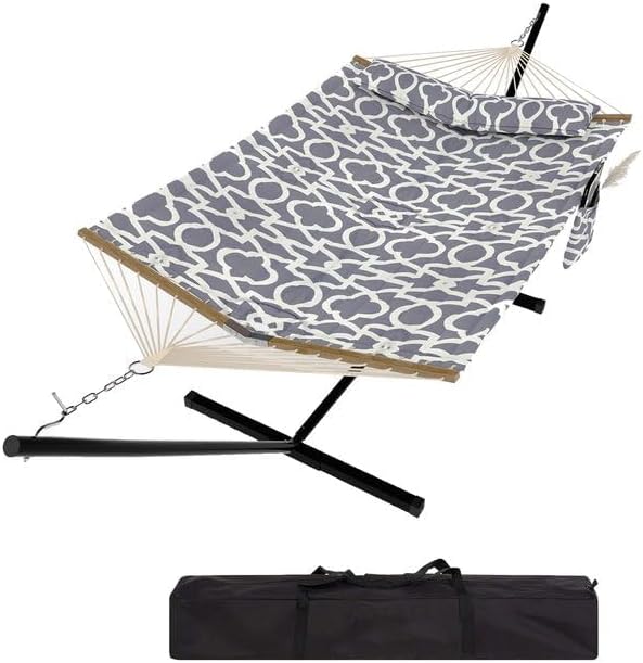 Two Person Hammock with Stand for Outside Heavy Duty Outdoor &amp Indoor Steel Frame Hammock with V-Shaped Wood Spreaders &amp Quilted Polyester Pad - 480lbsLight Grey Pattern Color