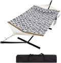 Two Person Hammock with Stand for Outside Heavy Duty Outdoor &amp Indoor Steel Frame Hammock with V-Shaped Wood Spreaders &amp Quilted Polyester Pad - 480lbsLight Grey Pattern Color