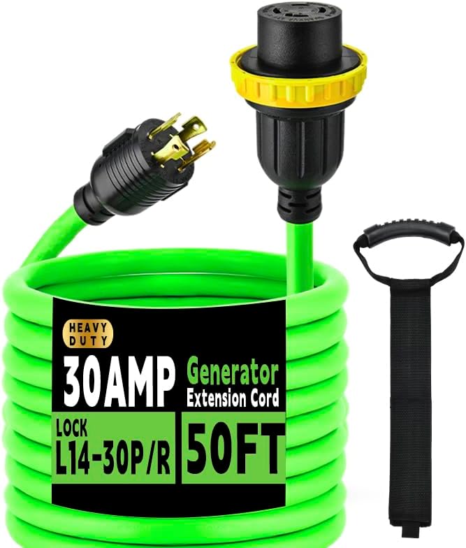 30 Amp Generator Extension Cord (50 Feet) 4-Prong 120/250 Volt 7500W Lock L14-30P/L L14-30R 10 Gauge SJTW Locking Power Cord for Manual Transfer Switch ETL Listed
