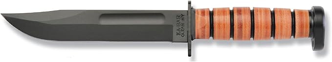 KA-BAR Dog's Head Utility Knife Fixed Blade Knife 7 Clip Point 1095 Cro-Van Black Blade Stacked Leather Handle Black/Brown
