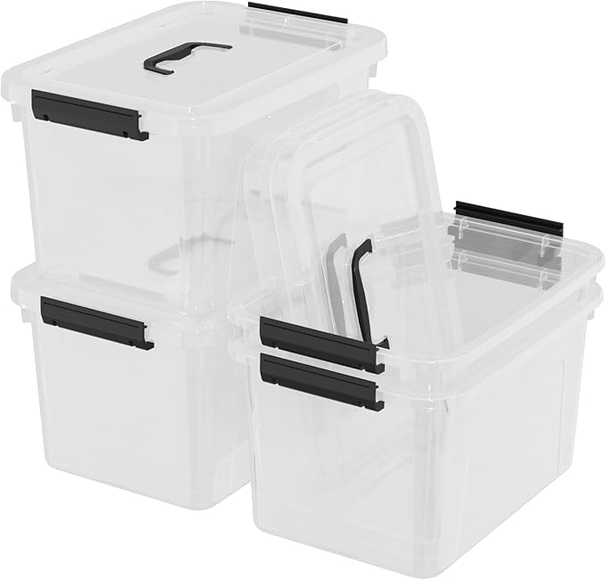 4 Packs 18 Quart Clear Plastic Storage Latching Bins Clear Storage Boxes with Handles
