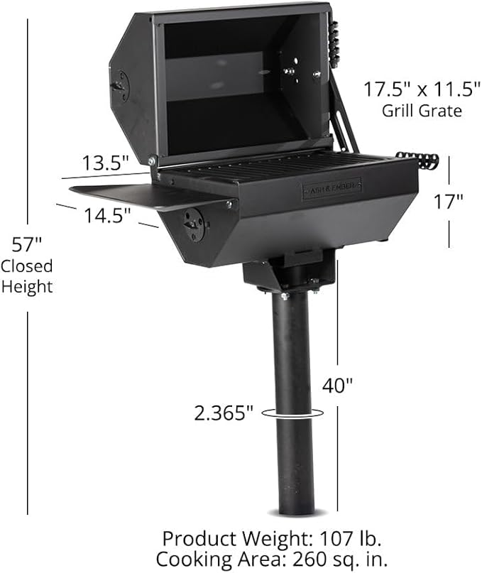 Ash &amp Ember Park-Style Grill/Smoker 260 Sq In Charcoal Grill with Cover 17.5x11.5 Grate Side Shelf for Food Prep Single Post Permanent Park-Style Grill for Outdoor Backyard BBQ