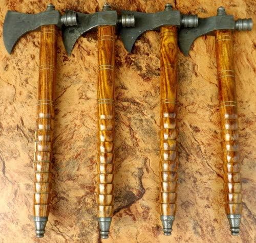 Lot of 4 Axe Damascus Steel 18'' Beautiful Smoke Pipe Olive Wood Handle Axe/Hand Forged Woodsman Axe