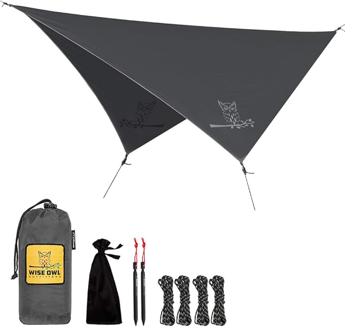 Wise Owl Outfitters Hammock Rain Fly – Waterproof Camping Tarp Cover with Tent Stakes &amp Carry Bag Ultralight Shelter for Backpacking &amp Outdoor Shade