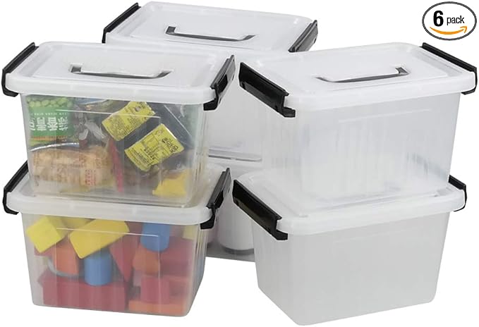 Asking Plastic Latching Box with Black Handle Lidded Storage Bins 6 Packs 3 Quart