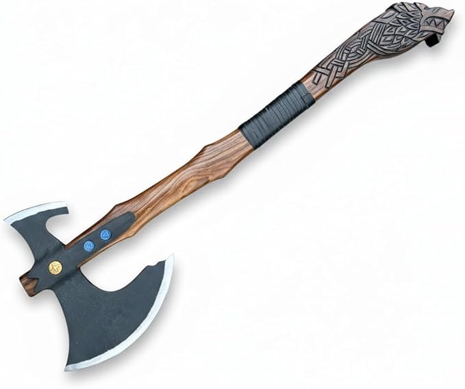 Handmade Viking Kratoss War Replica Battle AxeTwo Handed Large Vikings Axe Cosplay Real Hatchet Solid Fenrir Engraved Wood Handle SkardeNorse Mythology 38