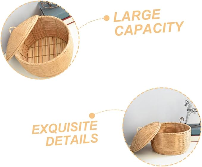 KOMBIUDA Handwoven Woven Storage Basket with Lid Small Decorative Rattan Container for Organizing Toys Pantry and Home Supplies Versatile Table Storage Solution