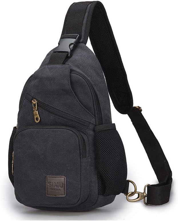 SIMU Sling Bag Pack Canvas Shoulder Sling Backpack Small Crossbody Chest Bag for ipad mini (Large black)