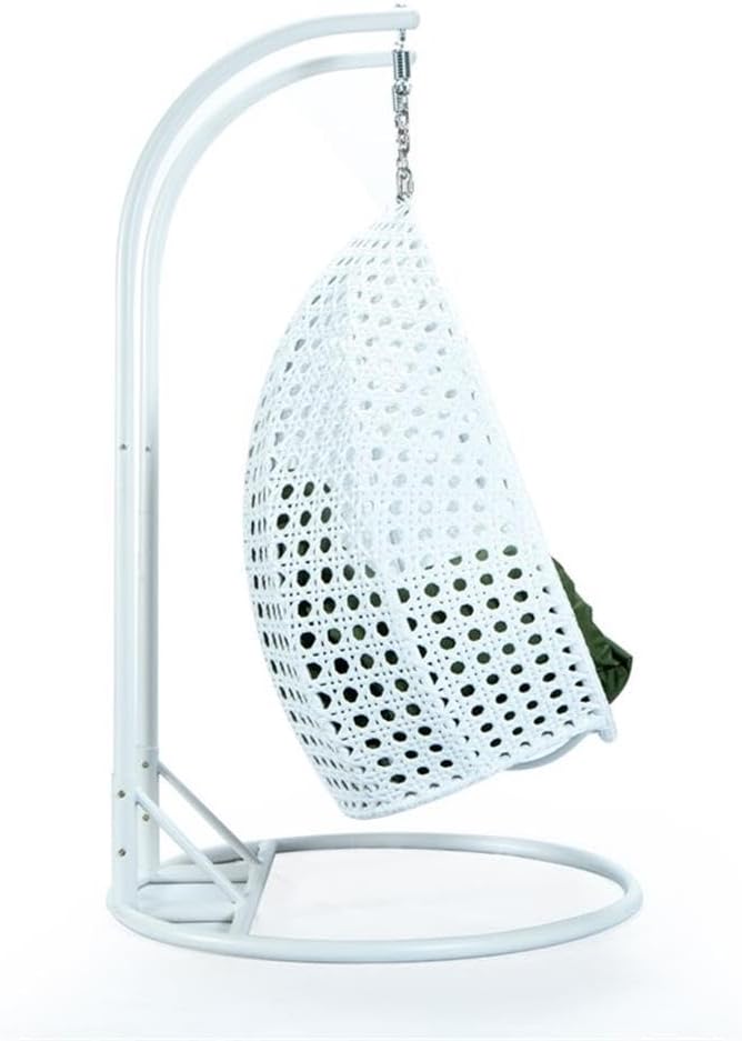 LeisureMod 2 Person Hanging Egg Chair Indoor Outdoor Patio Lounge Swing with White Stand &amp UV-Resistant Cushions Hammock Chair for Bedroom &amp Garden Dark Green
