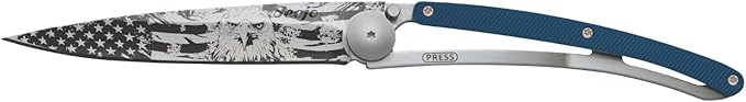 deejo - 37G Folding Pocket Knife with Belt Clip - American Bald Eagle Design 3.7-Inch Stainless Steel Blade Blue Aluminum Handle - Lightweight Everyday Carry for Home Work and Outdoor Use