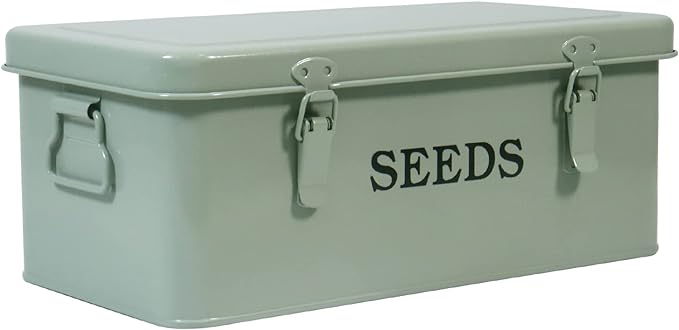 Seed Saving Box Metal Seed Bin Seed Storage Organizer Box Seed Packet Container with Lid Seed Envelope Storage Box 4 Compartments Garden Seed Bin with Safety Locks-Green