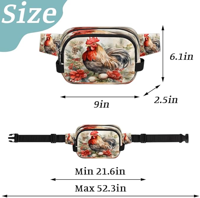 Watercolour Berry Flower Rooster Waterproof Fanny Pack for Women Men Adjustable Waist Bag with Double Zipper Pockets Lightweight Square Hip Pack for Running Travel Hiking Workout Cycling