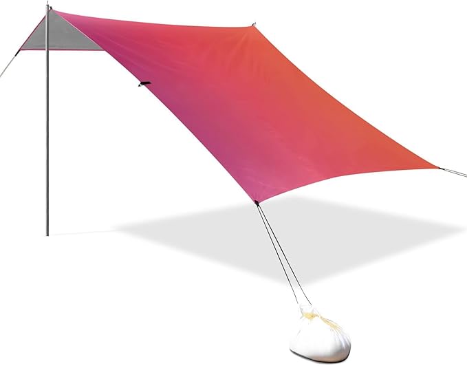 Purple Orange Gradient Beach Tent &amp Canopy UPF50+ Easy Setup Sun Shelter with Sandbags &amp Sand Shovel for Backyard and Camping