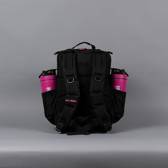 WOLFpak 25L Athletic Gym Backpack (Black Neon Pink) Durable 1000D Waterproof Oxford Material with MOLLE Webbing Laptop Pocket &amp Dual Cup Holders