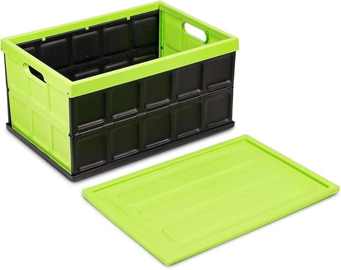 Glad Collapsible Storage Bin with Lid - 48L Foldable Plastic Box for Garage Car Trunk and Organization - Stackable Lidded Container with Handles Green