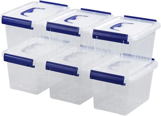 3L Plastic Storage Containers Set of 6 Latching Storage Bin with Handle (Blue handle)