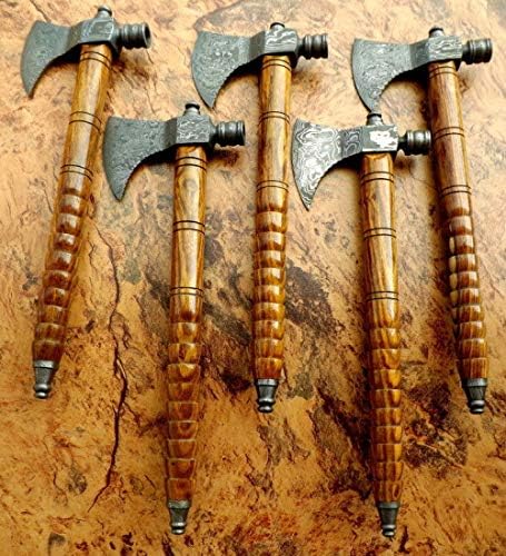 Lot of 5 Axe Damascus Steel 18'' Beautiful Smoke Pipe Olive Wood Handle Axe/Hand Forged Woodsman Axe