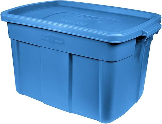 Rubbermaid Roughneck Tote 25 Gal 4 Pack Made in USA Heritage Blue Rugged Plastic Stackable Storage Bins with Lids and Handles