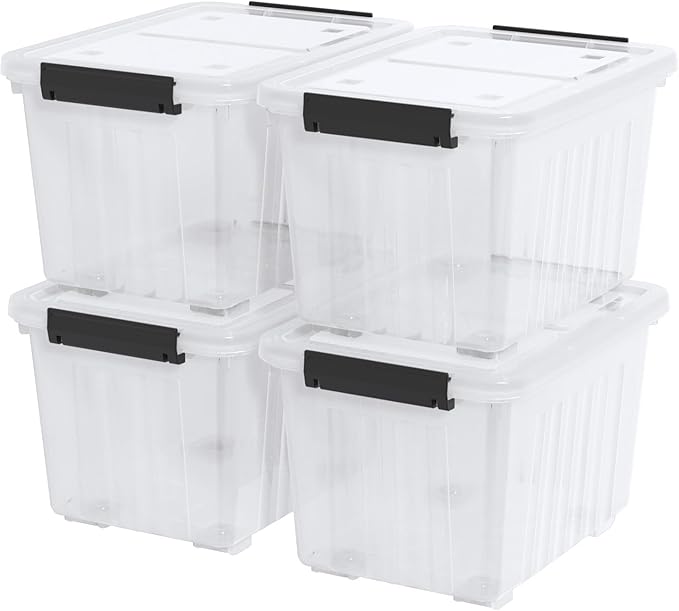 Sadstory 30 Quart Clear Latching Tote Bin with Lid Plastic Storage Box with Wheels 4 Packs