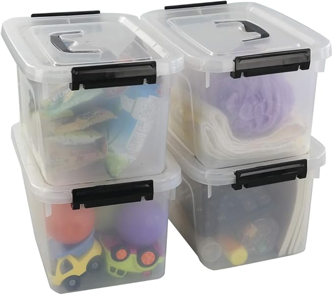 Begale 5 Quart Plastic Small Storage Container Clear Latch Box with Latches 4-Pack