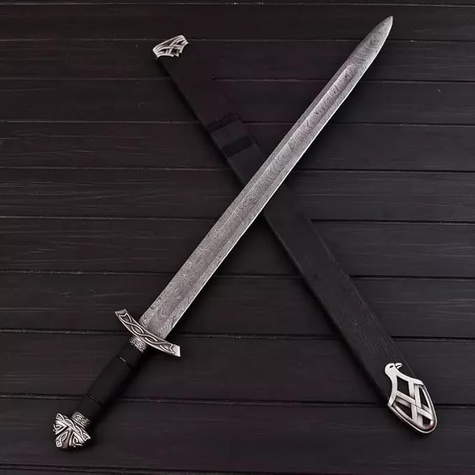 Viking Sword – Real Damascus Steel Battle-Ready Northman Swords | Handmade Functional Viking Sword Prop | Gift for Him Prop Tools with Origional Leather Scabbard