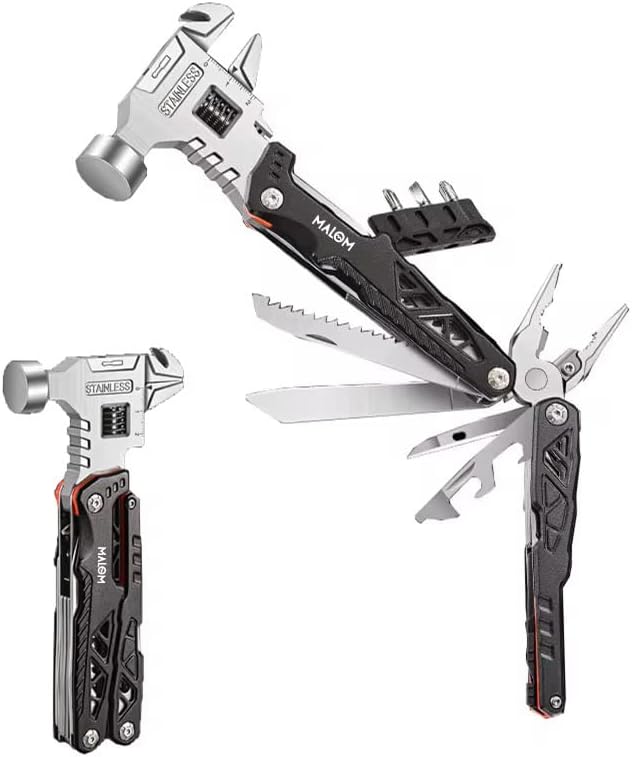 MALOM 18-in-1 Upgraded adjustable Hammer Stainless Steel multitool Pliers with Replaceable Tungsten Wire Cutters Bottle Opener Nylon Sheath Ideal for Camping Survival Hunting (Black)
