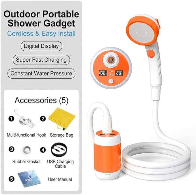 Iron Hammer Portable Outdoor Shower System with Intelligent Digital Display IPX7 Waterproof Camping Shower 5200mAh Rechargeable Battery 3 Water Discharge Modes &amp Real-Time Temperature Monitorin